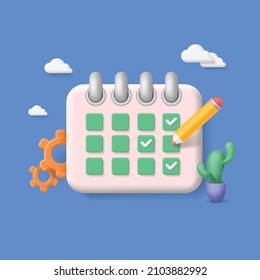 Calendar icon with check on date sign. Diary plan 3D Vector