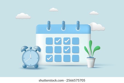 Calendar icon with check sign and alarm clock. Work planning, Meeting reminder planner, Office deadline, Business planning, Appointment, Agenda mark date. Planning concept. 3d vector illustration