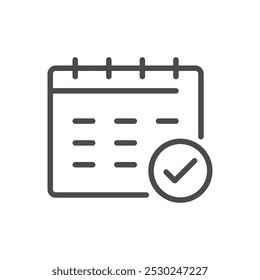 Calendar Icon with Checkmark for Task Completion, Event Scheduling, and Deadline Management. Editable Line Vector Design.
