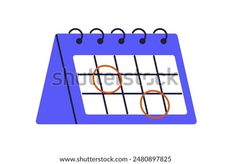 Calendar icon with circle marks to save dates. Calender with highlighted important days, deadlines, business appointments. Time management. Flat vector illustration isolated on white background