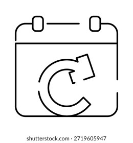 Icono de calendario con una flecha circular que simboliza eventos recurrentes, programas repetidos, Actualizar, sincronización y recordatorios en una interfaz digital o App