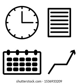 Calendar icon with clock, document and arrow. Black and white vector set. 