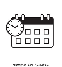 Calendar icon with clock. Flat black outline agenda symbol 