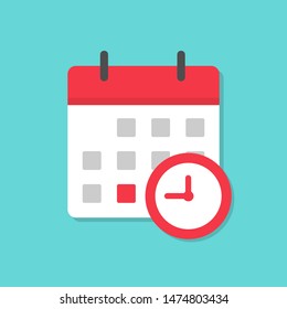 Calendar icon with clock icon. Flat style