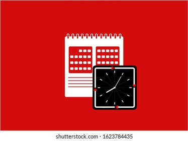 Calendar icon with clock illustration vector in red background. This calendar icon vector has one calendar icon. This calendar icon consists of a calendars icons and clock illustration.
