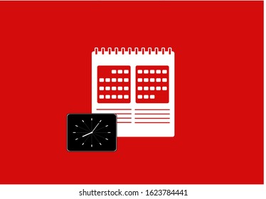 Calendar icon with clock illustration vector in red background. This calendar icon vector has one calendar icon. This calendar icon consists of a calendars icons and clock illustration.