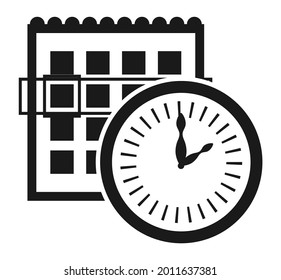 Kalendersymbol mit Uhr. Treffen. Flaches Symbol. Vektorgrafik.