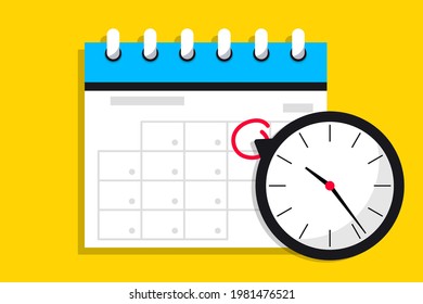 Calendar icon with clock. Icon notice message with clock, agenda symbol with selected important day. Time appointment, reminder date concept, time management. Calendar deadline. Business concept