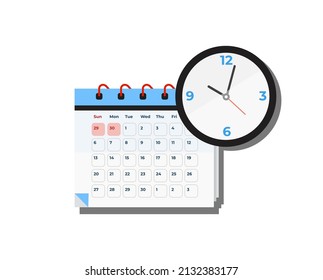 Un icono de calendario con el reloj. Símbolo de agenda de mensajes de aviso de icono con el día importante seleccionado. Cita de tiempo, concepto de fecha de recordatorio, gestión de horas.