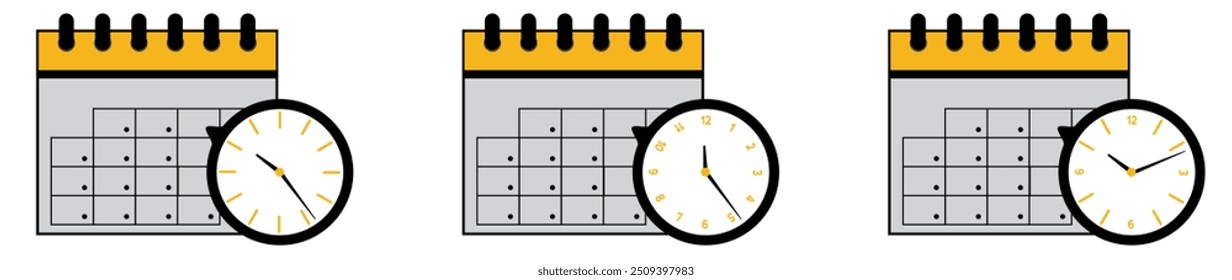 Calendar icon with clock. Icon notice message with clock, agenda symbol with selected important day. Time appointment, reminder date concept, time management. Calendar deadline. Business concept.