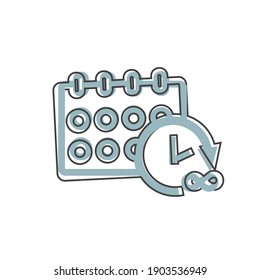Calendar icon with clock reminder on cartoon style on white isolated background.