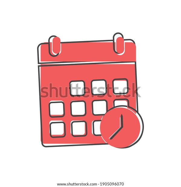 Calendar icon with clock reminder on cartoon\
style on white isolated\
background.