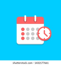 Calendar icon with clock. Schedule, appointment, important date concept.
Vector illustration in flat style.