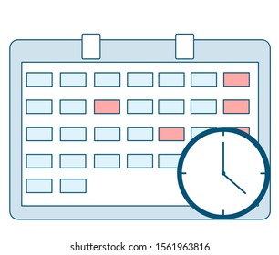 Icono de calendario con reloj. Programación, cita, concepto de fecha importante. Ilustración vectorial en estilo plano. Tareas de gráficos profesionales, planificación y programación de operaciones en una semana en el calendario