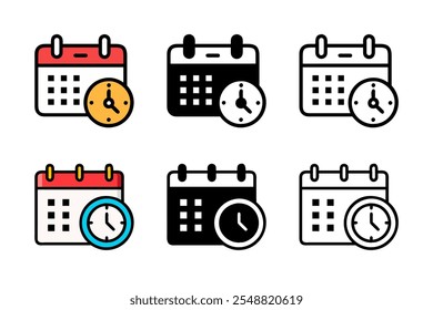 Ícone de calendário com relógio, simbolizando datas importantes, lembretes e gerenciamento de tempo. Perfeito para agendas, prazos e conceitos de agendamento. Estilo de vetor limpo para uso versátil.