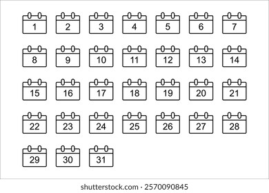 Calendar icon collection 1, 2, 3, 4, 5, 6, 7, 8, 9, 10, 11, 12, 13, 14, 15, 16, 17, 18, 19, 20, 21, 22, 23, 24 , 25, 26, 27, 28, 29, 30. All day Yes. Vector illustration