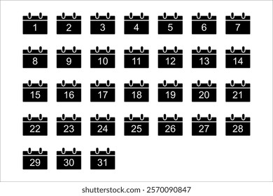 Calendar icon collection 1, 2, 3, 4, 5, 6, 7, 8, 9, 10, 11, 12, 13, 14, 15, 16, 17, 18, 19, 20, 21, 22, 23, 24 , 25, 26, 27, 28, 29, 30. All day Yes. Vector illustration