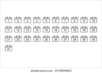 Calendar icon collection 1, 2, 3, 4, 5, 6, 7, 8, 9, 10, 11, 12, 13, 14, 15, 16, 17, 18, 19, 20, 21, 22, 23, 24 , 25, 26, 27, 28, 29, 30. All day Yes. Vector illustration