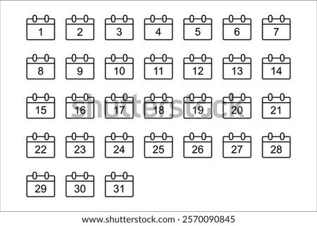 Calendar icon collection 1, 2, 3, 4, 5, 6, 7, 8, 9, 10, 11, 12, 13, 14, 15, 16, 17, 18, 19, 20, 21, 22, 23, 24 , 25, 26, 27, 28, 29, 30. All day Yes. Vector illustration