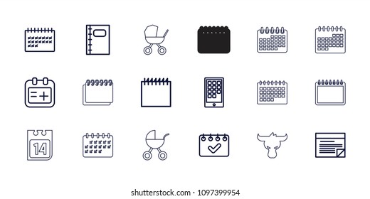 Calendar icon. collection of 18 calendar outline icons such as medical appointment, notebook, plan, baby stroller. editable calendar icons for web and mobile.