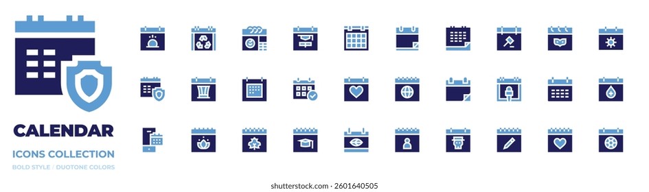 Calendar icon collection. Bold style. Duotone colors. calendar, appointment book, attendance, birthday, blank calendar.