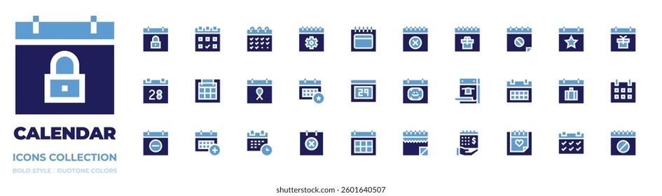 Calendar icon collection. Bold style. Duotone colors. calendar, academic, academic, agenda planner, annual, appointment book, attendance.