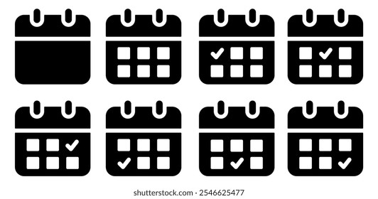 Calendar icon collection. Calendar icon with check mark, indicating a completed schedule, appointment, agenda or task. Simple solid vector