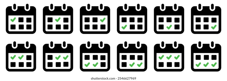 Colección de icono de calendario. Icono de calendario con marca de verificación, que indica una programación, cita, agenda o tarea completada.