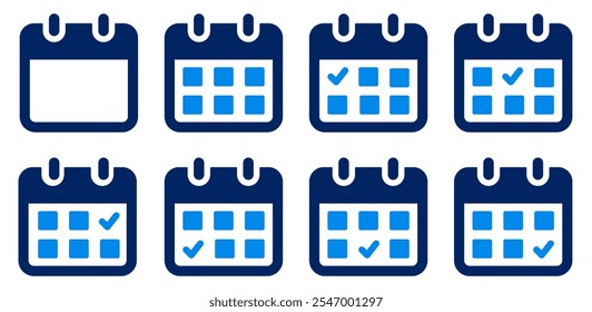 Colección de icono de calendario. Icono de calendario con marca de verificación, que indica una programación, cita, agenda o tarea completada. Vector relleno simple