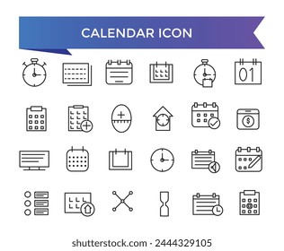 Calendar icon collection. Containing date, schedule, month, week, appointment, agenda, organization and event icons. Line icon set.