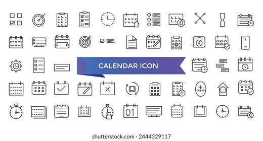 Kollektion des Kalendersymbols. Enthält Datum, Zeitplan, Monat, Woche, Termin, Tagesordnung, Organisation und Veranstaltungssymbole. Zeilensymbol gesetzt.