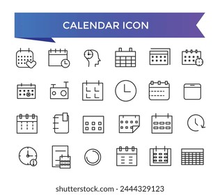 Colección de iconos de calendario. Contiene iconos de fecha, calendario, mes, semana, cita, agenda, organización y evento. Conjunto de iconos de línea.
