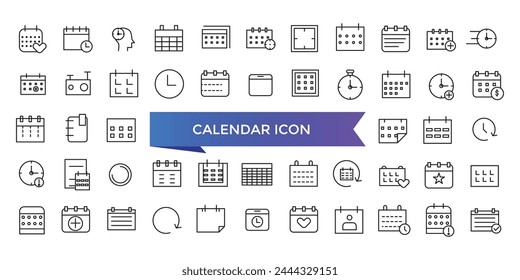 Calendar icon collection. Containing date, schedule, month, week, appointment, agenda, organization and event icons. Line icon set.