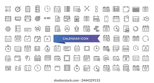 Calendar icon collection. Containing date, schedule, month, week, appointment, agenda, organization and event icons. Line icon set.