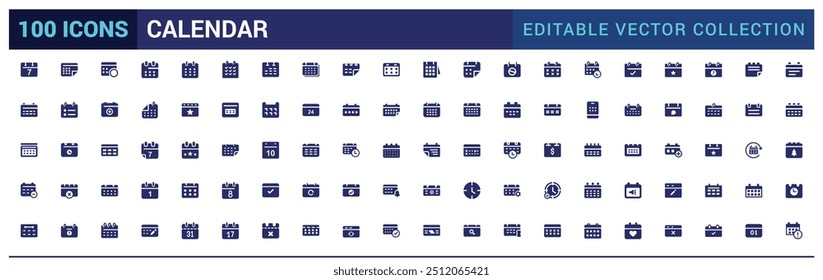 Calendar icon collection. Containing date, schedule, month, week and more, filled icon set, glyph icon set for web and ui. Editable stroke. Solid icon set. Vector illustration.