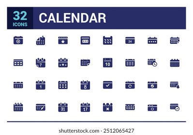 Coleção de ícones do calendário. Contendo data, programação, mês, semana e mais, conjunto de ícones preenchidos, conjunto de ícones de glifo para web e ui. Traçado editável. Ícone sólido definido. Ilustração vetorial.