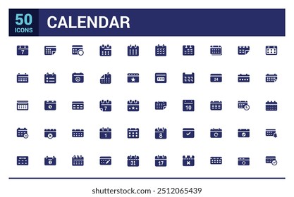 Calendar icon collection. Containing date, schedule, month, week and more, filled icon set, glyph icon set for web and ui. Editable stroke. Solid icon set. Vector illustration.