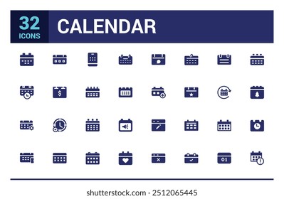 Calendar icon collection. Containing date, schedule, month, week and more, filled icon set, glyph icon set for web and ui. Editable stroke. Solid icon set. Vector illustration.