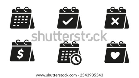 Calendar icon collection. Date, month, solid, dollar, time, love, cross, tick, right flat icon symbol. Calendar icon illustration.