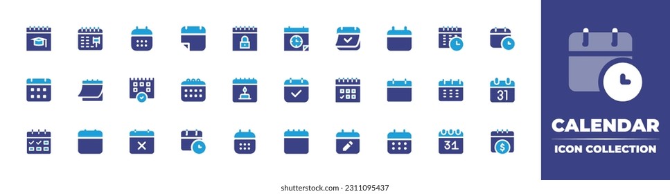 Sammlung von Kalendersymbolen. Duotonfarbe. Vektorgrafik. Enthält Kalender, Kalender Silhouette, Zeitplan, Zeit, monatliche Planung, Prüfzeichen, Termin, Kalender Stift, Geld. 