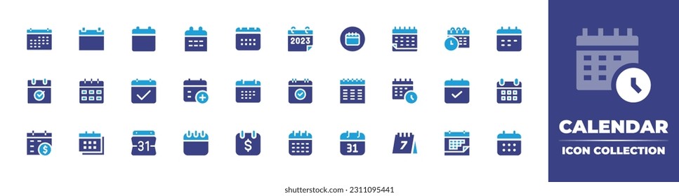 Sammlung von Kalendersymbolen. Duotonfarbe. Vektorgrafik. Enthält Kalender, Datum, Zeitplan, Termin, Bezahltag, Google-Kalender, Schreibtisch, Kalenderdatum.