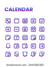 Calendar icon collection in gradient line style, including notification, plan, event, organization, reminder and more.