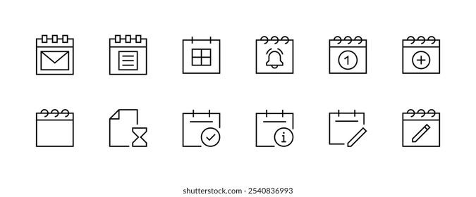 Calendar icon collection. Schedule, appointment, time, events, reminder, deadline, time management, booking, deadline and more. Editable stroke. Pixel Perfect. Grid base 32px.