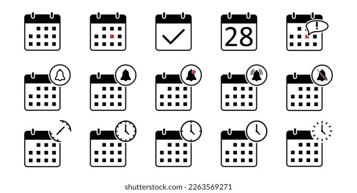 Calendar Icon collection. Calendar with time clock. Calendar notification icon. Vector illustration