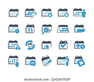 Calendar icon color set. Collection of graphic elements for website. Time management and workflow organization, planing and scheduling. Cartoon flat vector illustrations isolated on white background