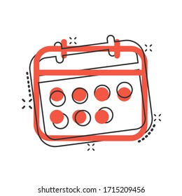 Calendar icon in comic style. Agenda cartoon vector illustration on white isolated background. Schedule planner splash effect business concept.