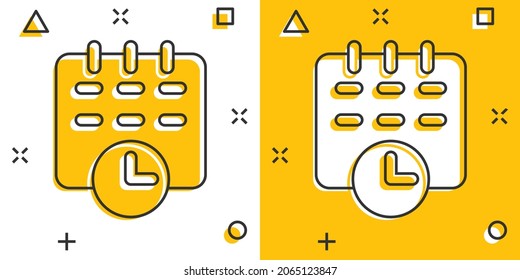 Calendar icon in comic style. Agenda cartoon vector illustration on white isolated background. Schedule planner splash effect business concept.