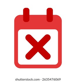 calendar icon with cross mark X. not done icon vector illustration. red calendar icon