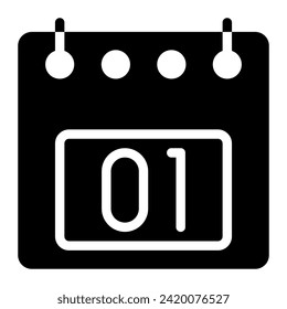 Calendar icon, date 1 design solid style vector illustration. Flat design style, black color. can be used for website, app mobile and software interfaces