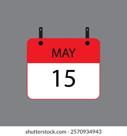 Calendar icon with date 15 may on grey background. Vector schedule symbol.